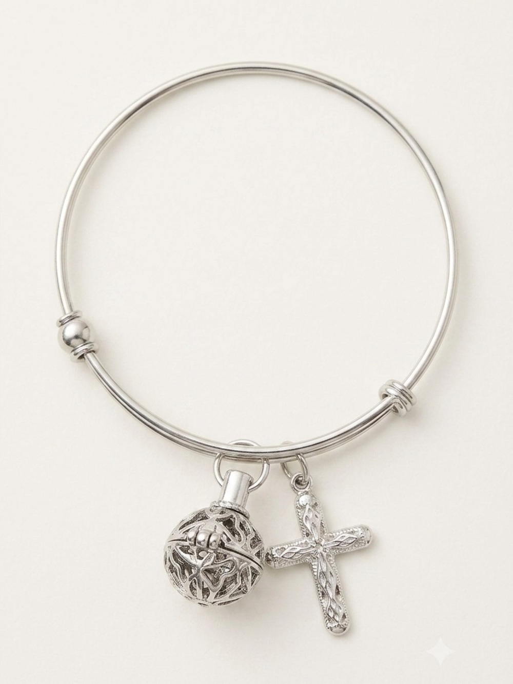 Silver Tone Expandable Wire Bangle Bracelet Cross & Locket Lighter Charm